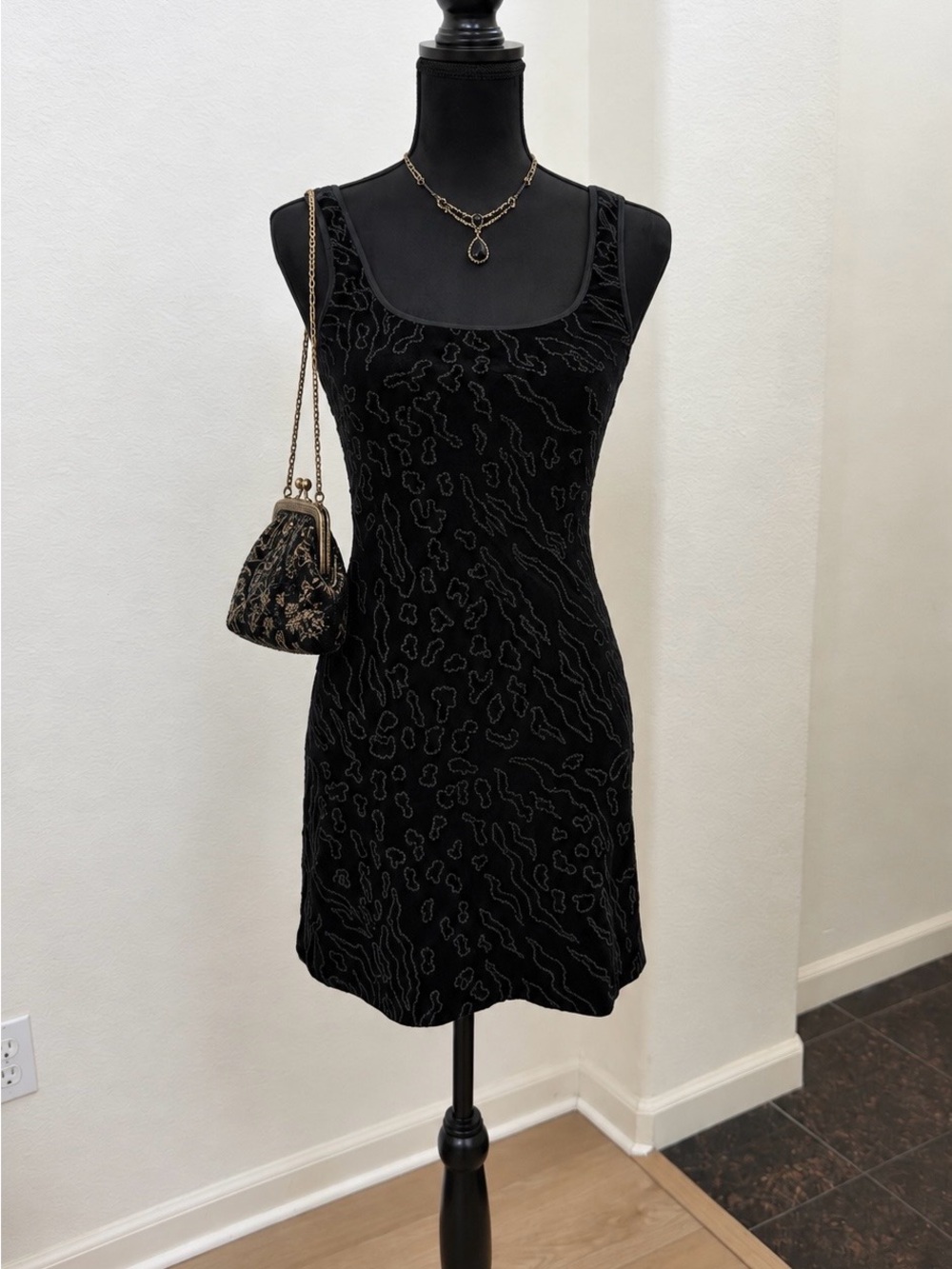 Vintage Bebe Black Velvet Abstract Mini Dress S